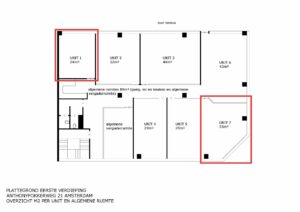 Plattegrond van de eerste verdieping aan de Anthony Fokkerweg 21 in Amsterdam met zeven units en algemene ruimtes.